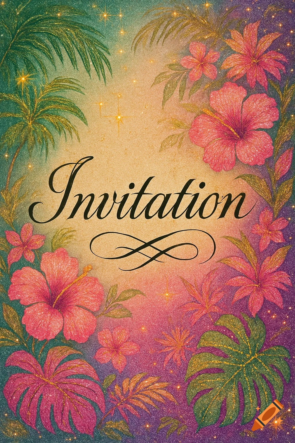 An elegant invitation card with black script text 'Invitation' surrounded by glittery pink hibiscus flowers and green tropical leaves on a shimmering gradient background.