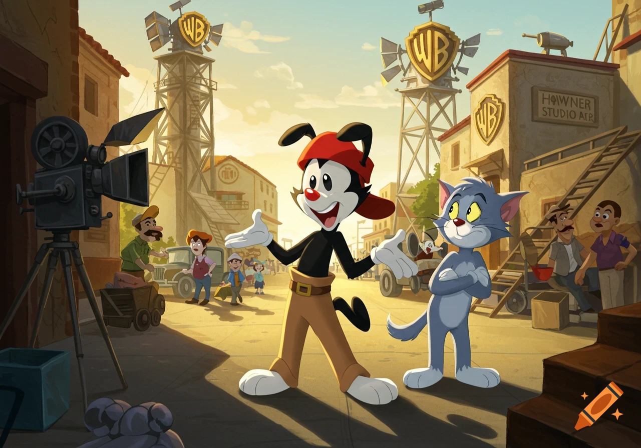 Yakko Warner and Tom Cat stand on a cartoon studio lot with film cameras and "WB" logos.