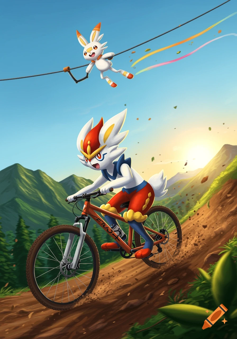 Cinderace mountain biking downhill on a dirt path as Scorbunny ziplines overhead, in a vibrant anime style.