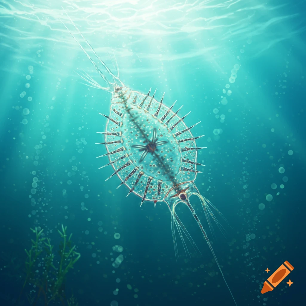 A translucent, spiky diatom organism floats in sunlit blue water, with bubbles and faint plant life below.