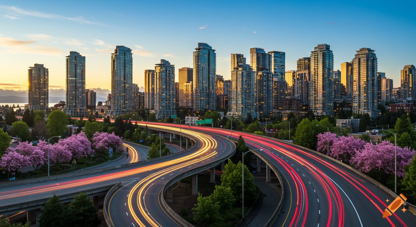 Photorealistic long exposure of Vancouver skyline at dusk with vibrant light trails on a winding freeway and blooming cherry blossom trees.
