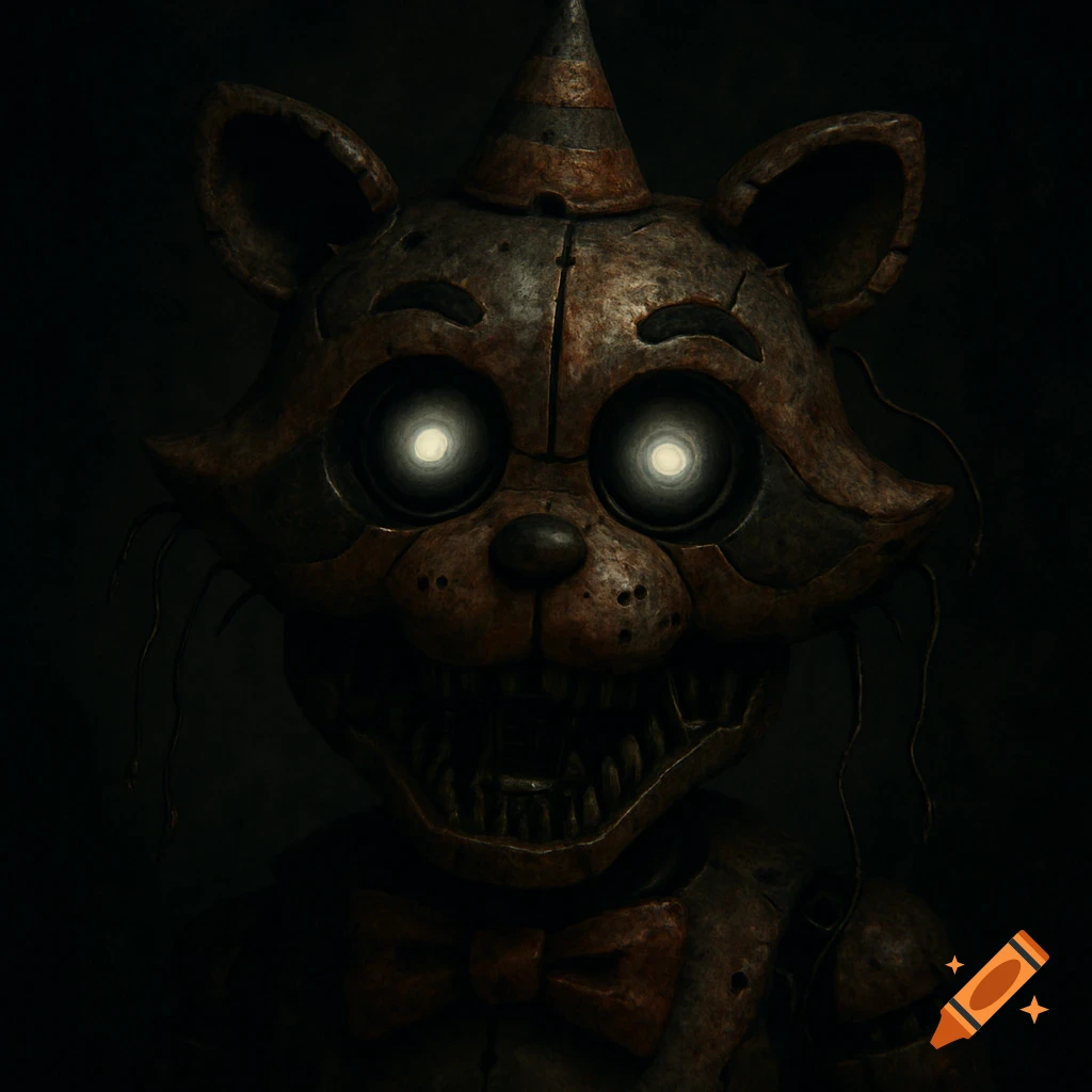 A close-up of a creepy, rusty animatronic raccoon face with glowing eyes, a party hat, and a bow tie in dark lighting.