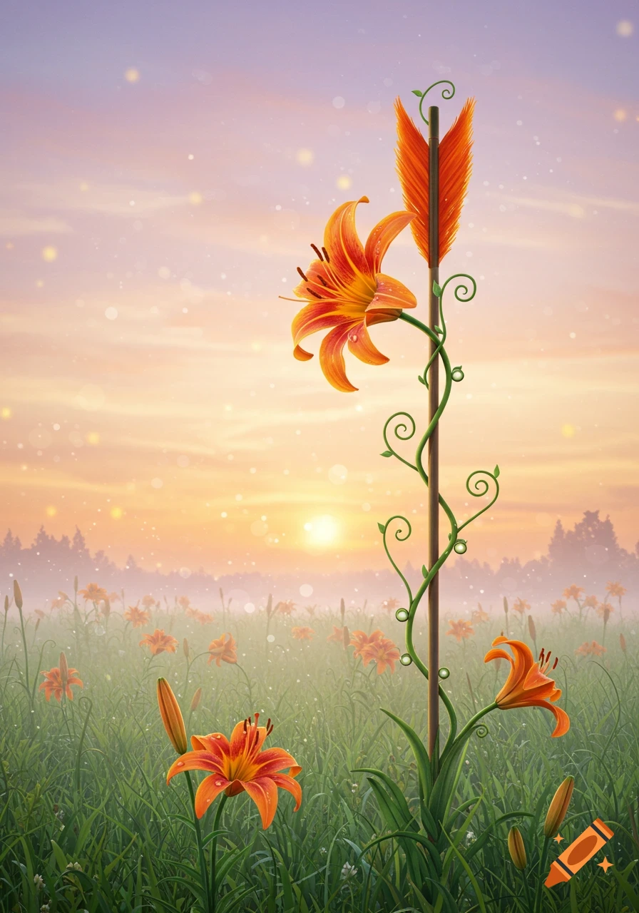 An orange lily growing around an arrow in a field of lilies at sunrise, digital art.