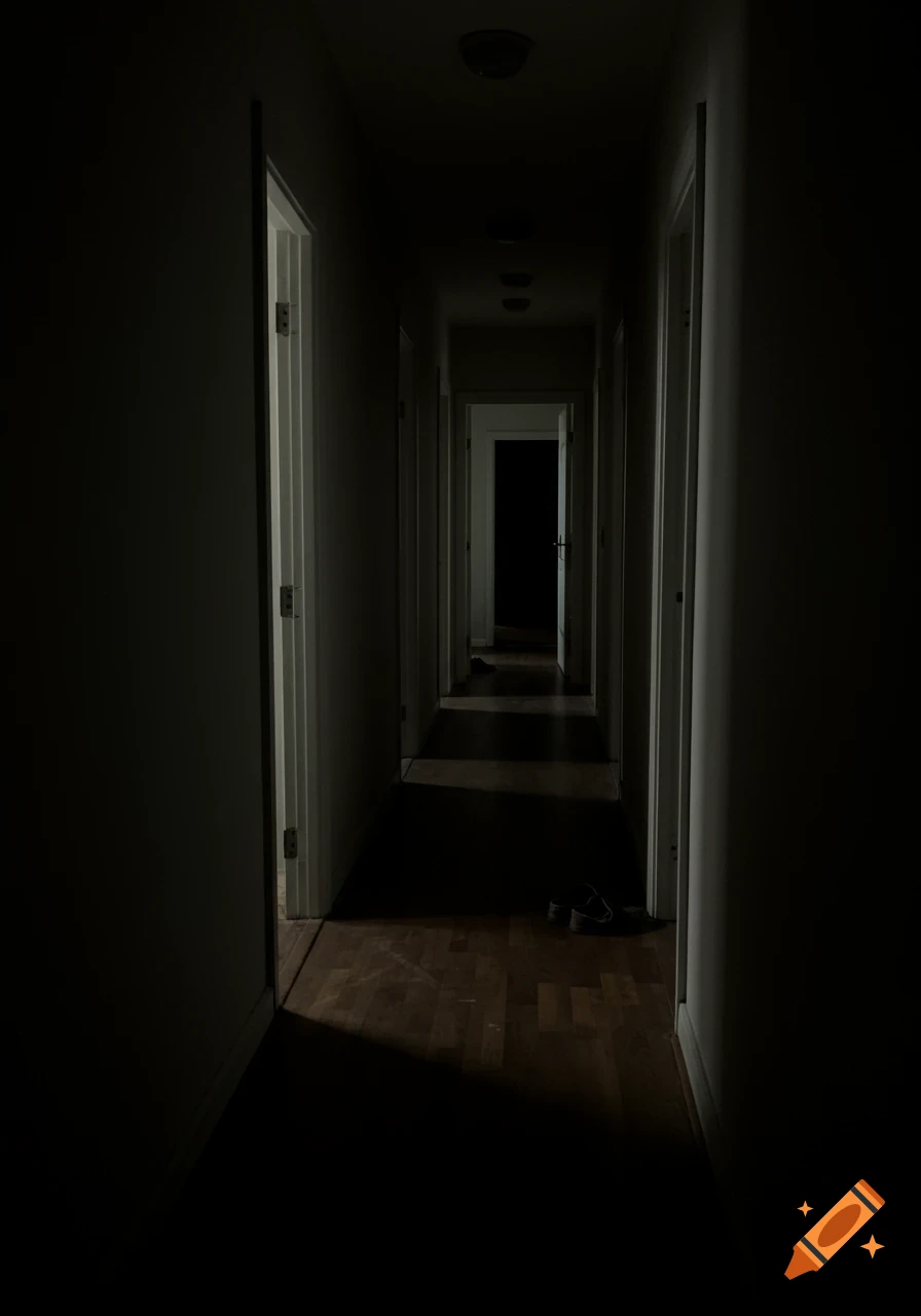 Dark, narrow hallway with several doors leading off to the sides and a small light visible at the distant end.