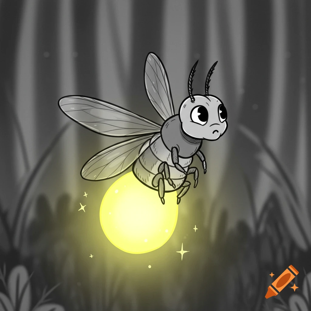 A cartoon firefly with a glowing yellow abdomen floats in a dark, stylized forest.