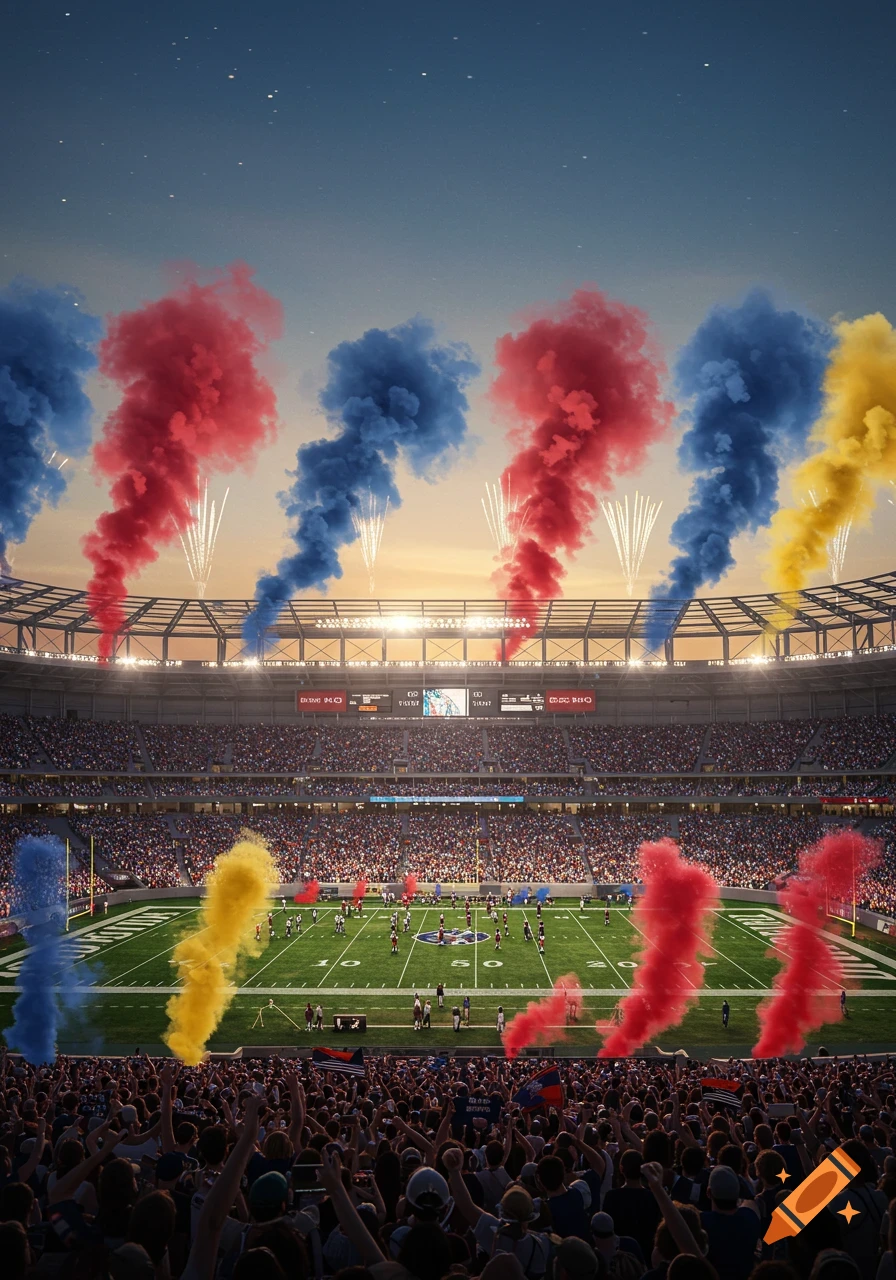 Photorealistic football stadium with fans, colorful smoke plumes, and fireworks at dusk.
