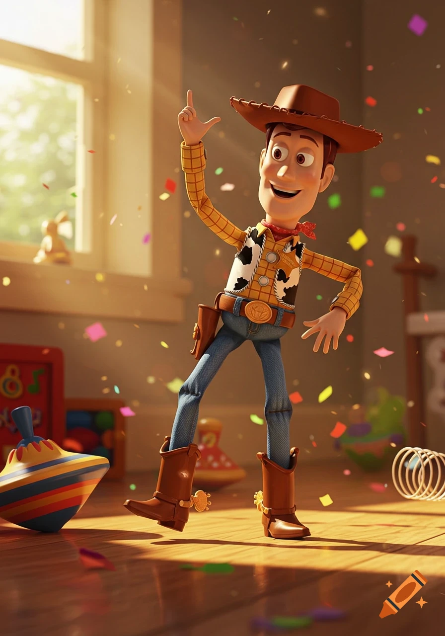 Woody from Toy Story dances excitedly with confetti falling around him in a sunny room filled with toys.
