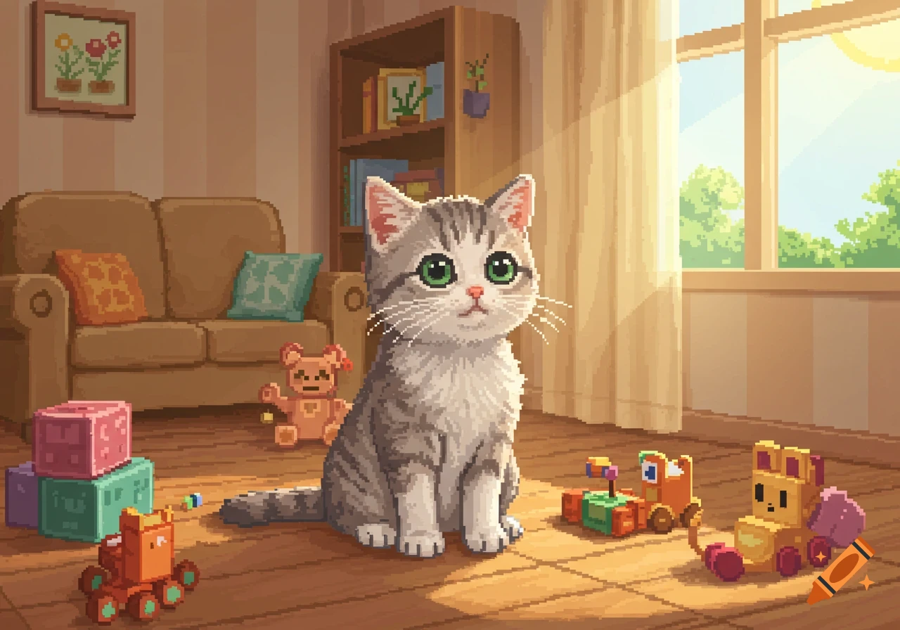 A cute gray and white tabby kitten with green eyes sitting on a wooden floor in a sunlit pixel art room with toys.