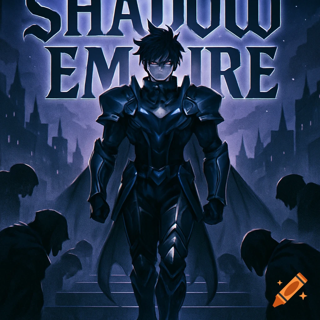 An anime-style character in dark armor stands atop stairs, with shadowy figures bowing around him, under a glowing 'SHADOW EMPIRE' title.