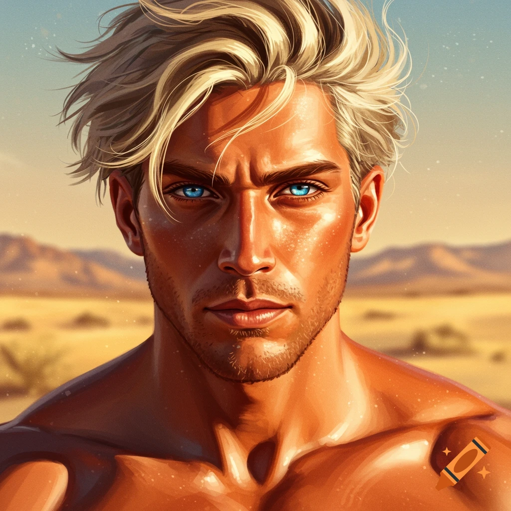 Close-up portrait of a man with blonde hair, bronze skin, and blue eyes in a desert landscape.