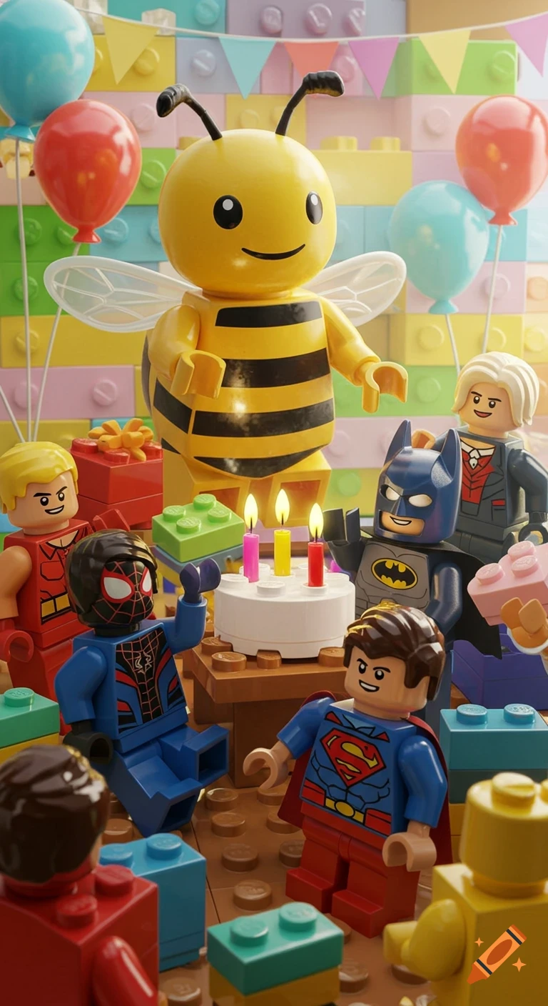 A Lego-style birthday party with a large bee character, Batman, Superman, and Miles Morales surrounding a cake with candles.