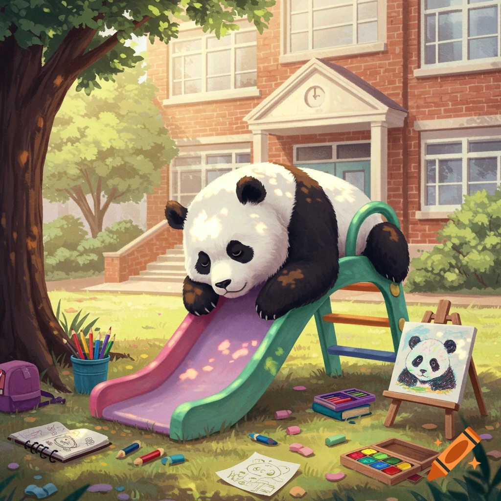 A large, cute panda lies on a purple and green playground slide in front of a brick school, surrounded by art supplies on the grass.