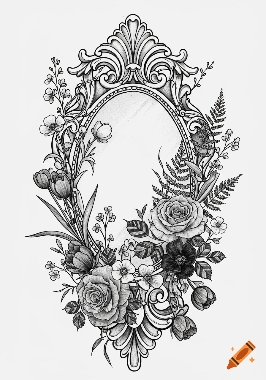 An ornate, antique oval mirror frame, depicted in black and white illustration style, surrounded by detailed roses, tulips, buttercups, and fern-like leaves.