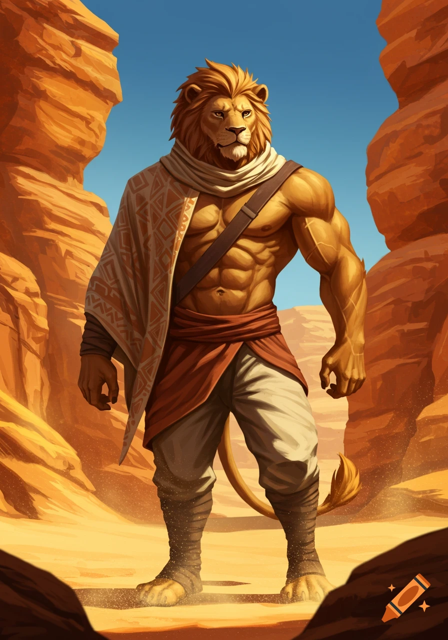 Muscular anthropomorphic lion in traditional desert robes stands shirtless in a desert canyon.