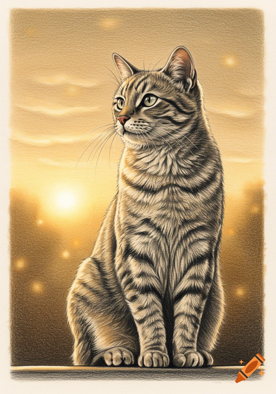 A detailed pencil art drawing of a tabby cat seated, looking left, against a soft golden dusk background.