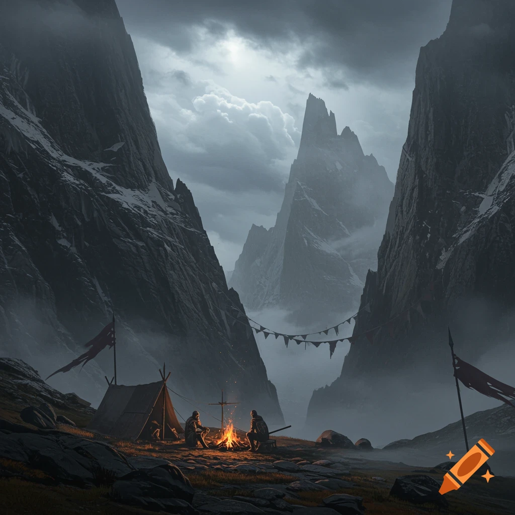 Two figures camp by a roaring fire in a dark, imposing mountain pass under a cloudy sky. Digital painting style.