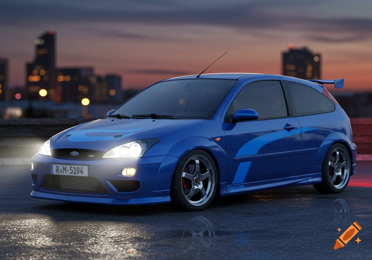 A blue 2001 Ford Focus ZTS with a rear wing, projector headlights, and blue stripes, parked on wet pavement at dusk.