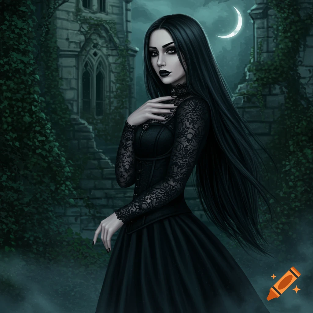 A gothic woman with long black hair and dark makeup in a black lace dress, stands before a moonlit ruined castle.