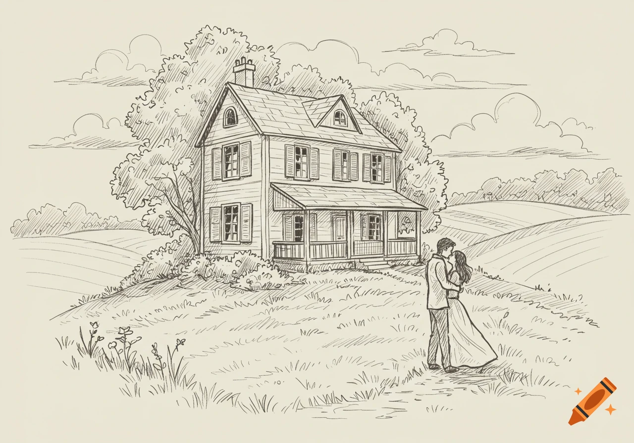 A sepia-toned sketch of a two-story house with a porch and surrounding trees, with a couple hugging in front of it.