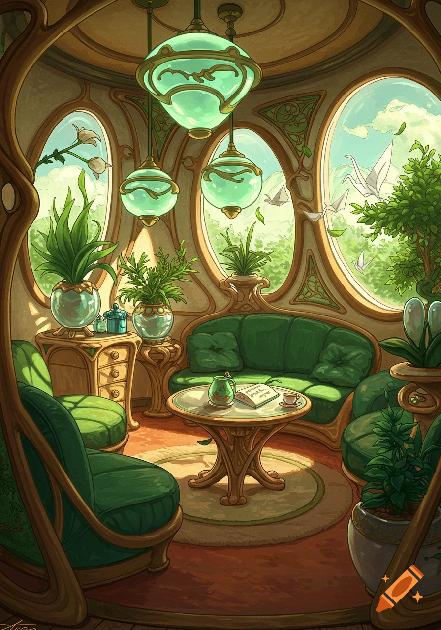 A whimsical, cozy room interior styled with Art Nouveau and Studio Ghibli influences, featuring green upholstered furniture, potted plants, arched windows with views of nature, and intricate golden-brown wooden accents. Paper cranes fly outside the windows.