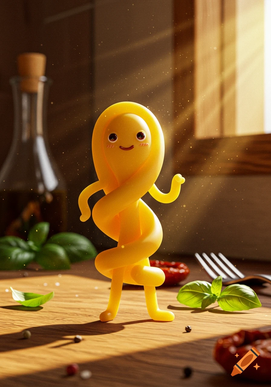A cute, yellow, tangled spaghetti noodle character with a happy face stands on a wooden table with basil leaves and tomatoes, bathed in sunlight.