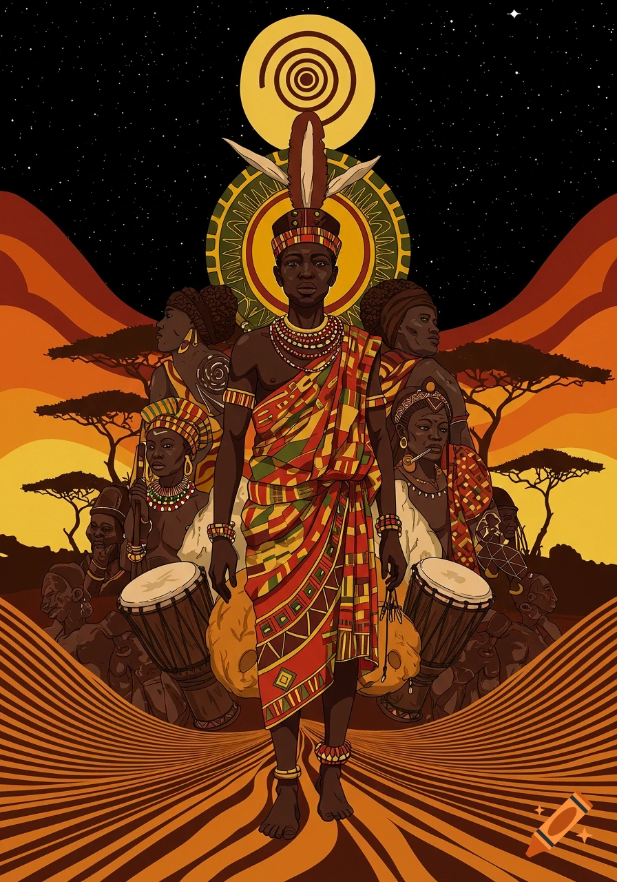 Illustration of people in traditional African attire with drums against a savanna background and starry sky.