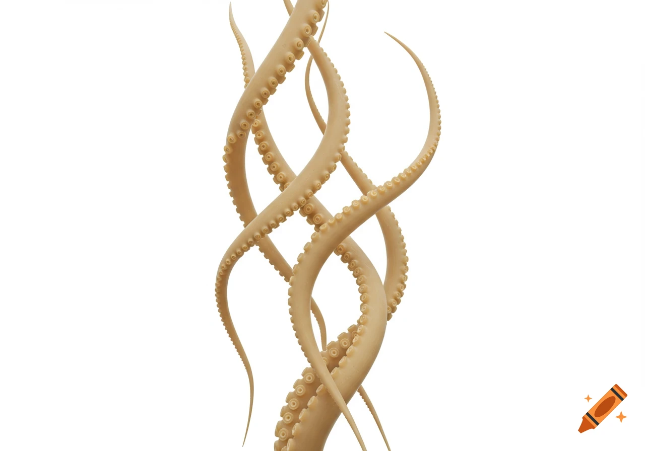 Eight tan-colored tentacles intermingling vertically against a plain white background.