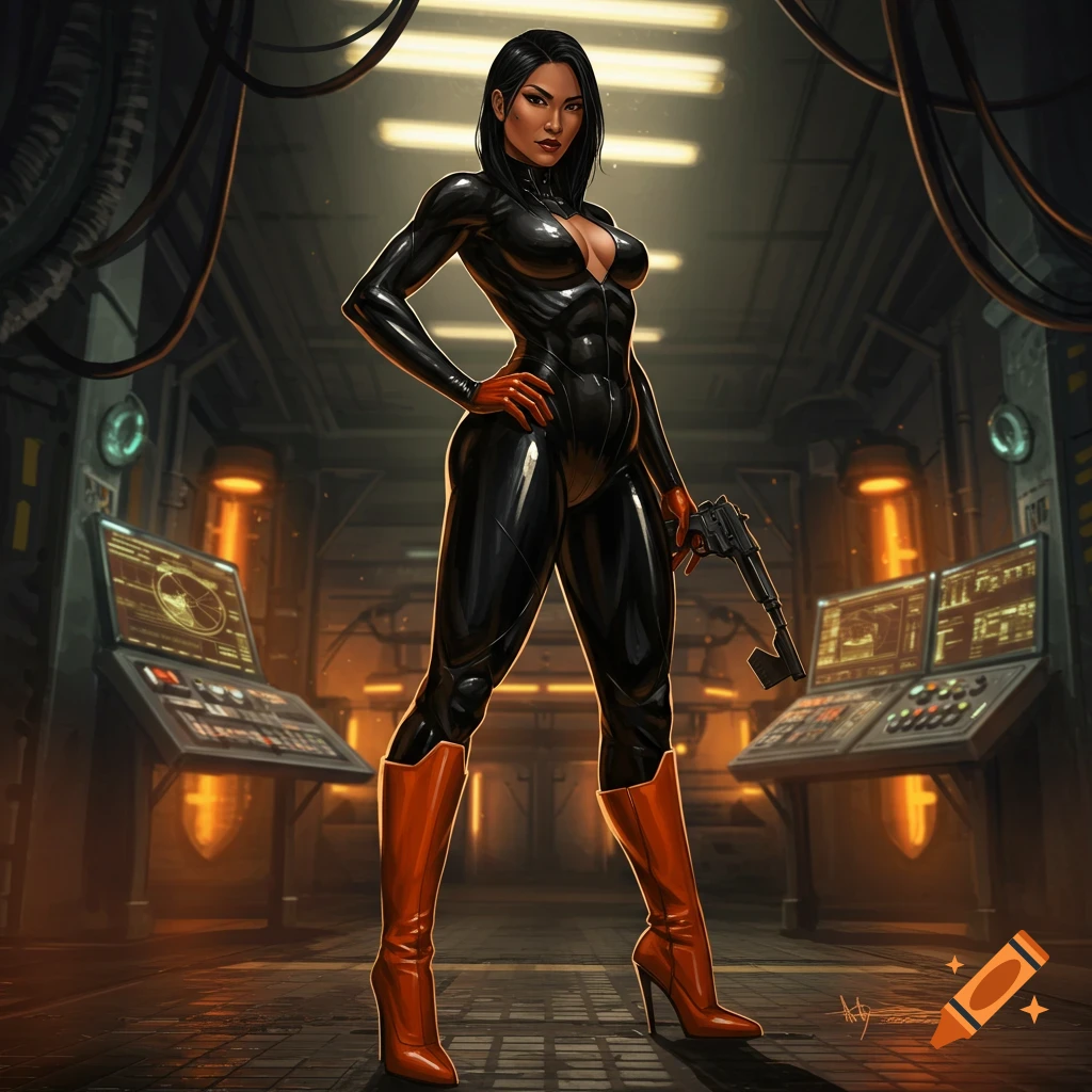 A stylized illustration of a female supervillain in a black latex suit and orange boots, holding a gun in a futuristic setting.