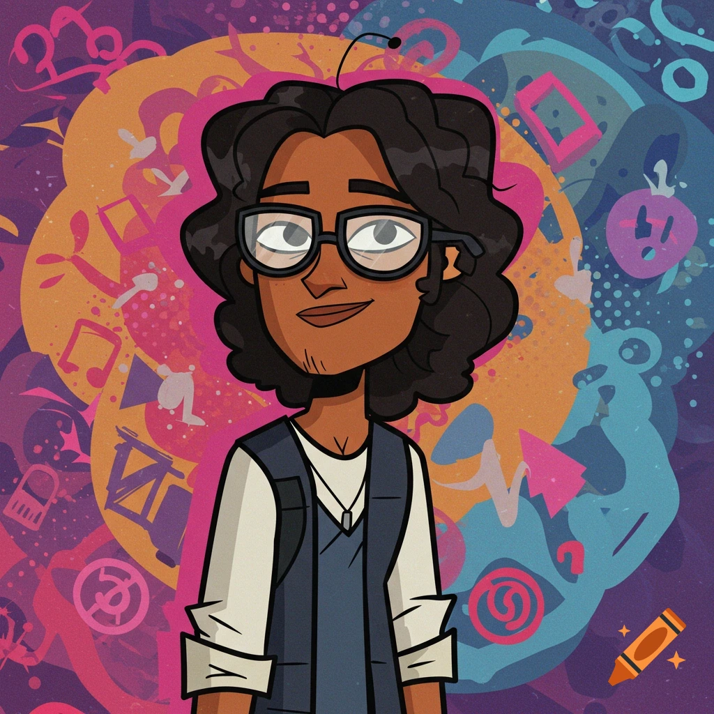 A cartoon portrait of a young man with dark curly hair and glasses, wearing a white shirt and blue vest, against a colorful abstract background.