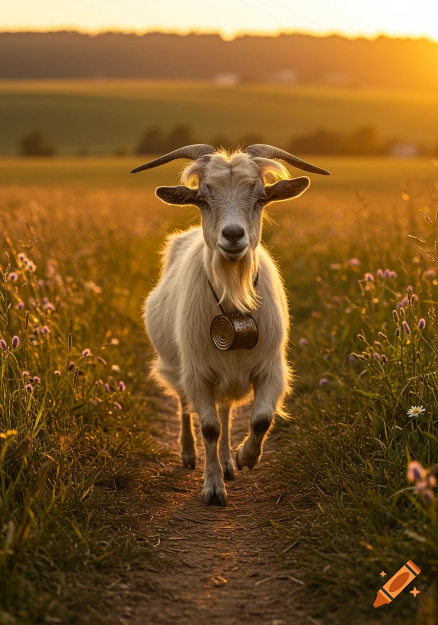 A white goat with horns and a beard walks on a dirt path in a sunlit field with wildflowers at sunset, wearing a rusted tin can.