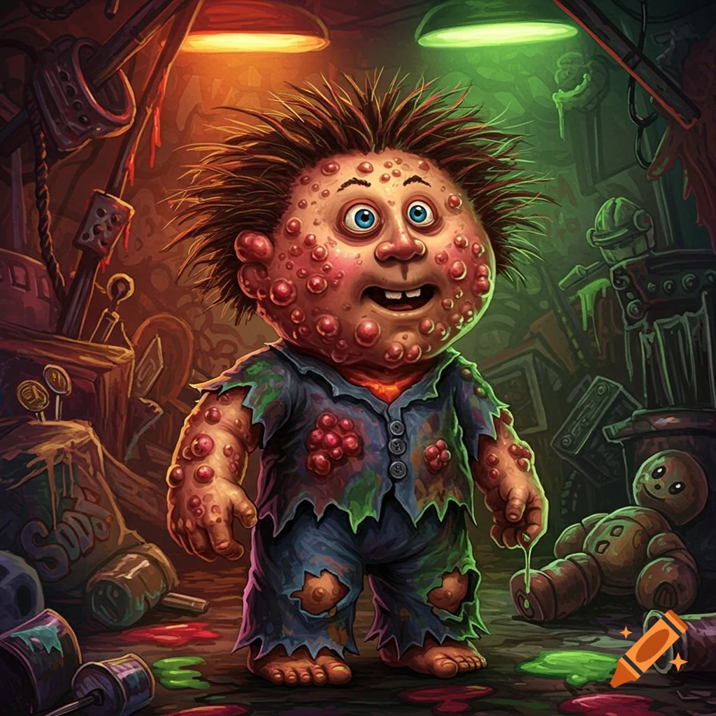 A cartoonish, grotesque Garbage Pail Kid character with red bumps on its skin stands in a grimy, dark setting.