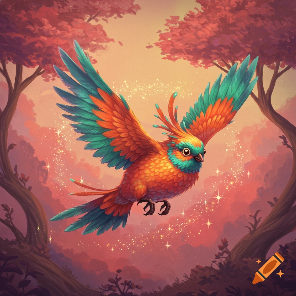 A vibrant, colorful bird with orange and teal feathers flies amidst sparkling light in a whimsical forest.