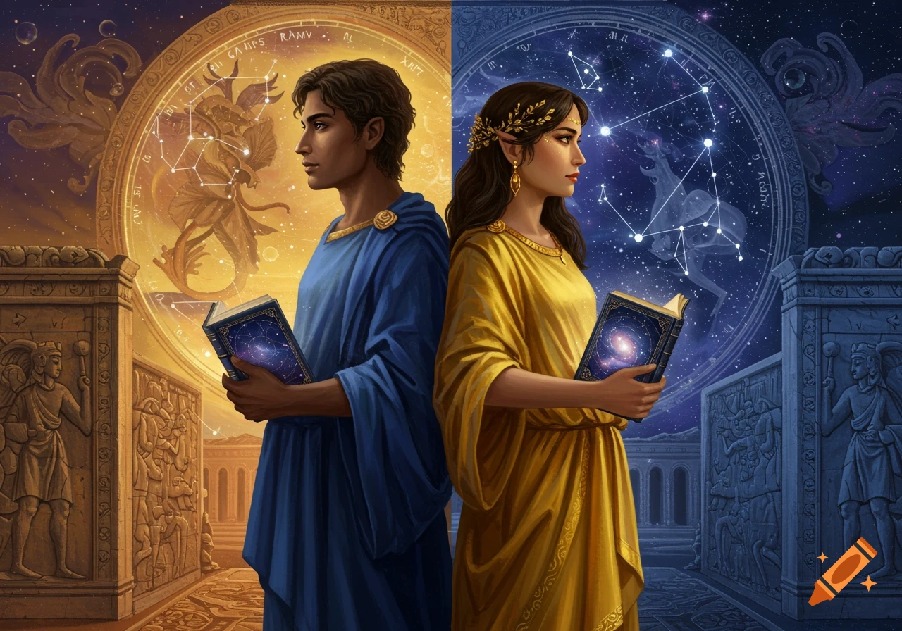 A hyperrealistic digital painting of Gemini twins, a man in blue and a woman in gold, holding books amidst celestial maps and ancient architecture.