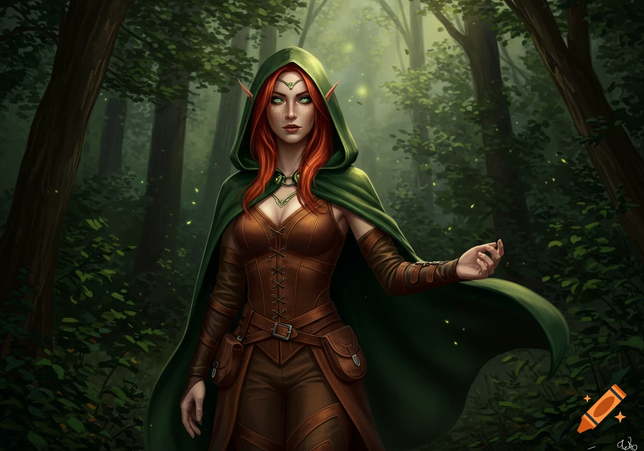 A beautiful red-haired elf woman with green eyes, wearing a green hooded cloak and brown leather outfit, stands in a mystical forest.