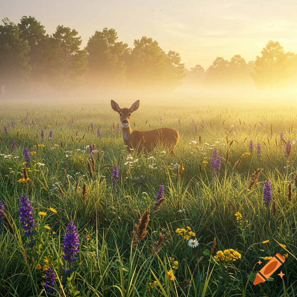 A deer stands in a field of tall grass and wildflowers bathed in golden mist at sunrise, photorealistic.