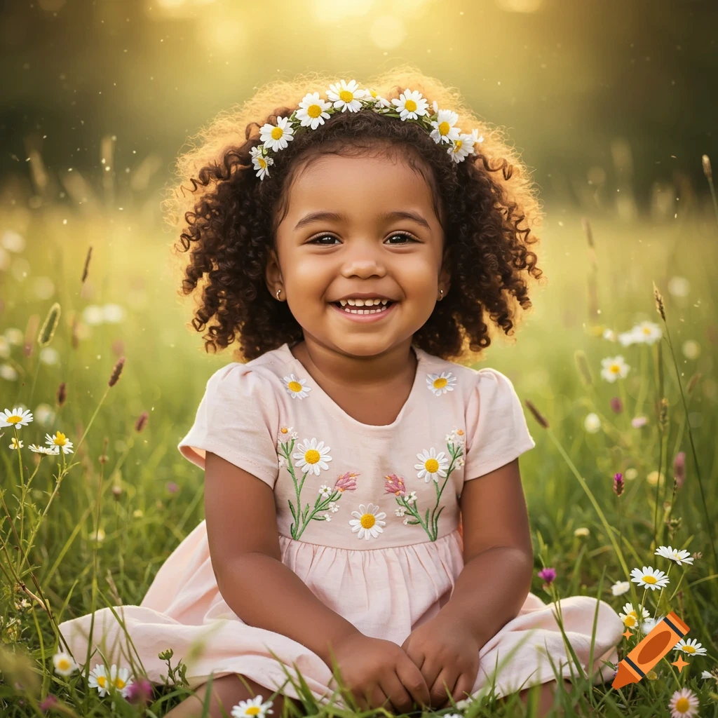 Photorealistic portrait of a smiling young girl with curly hair wearing a daisy crown, sitting in a sunny field of wildflowers.