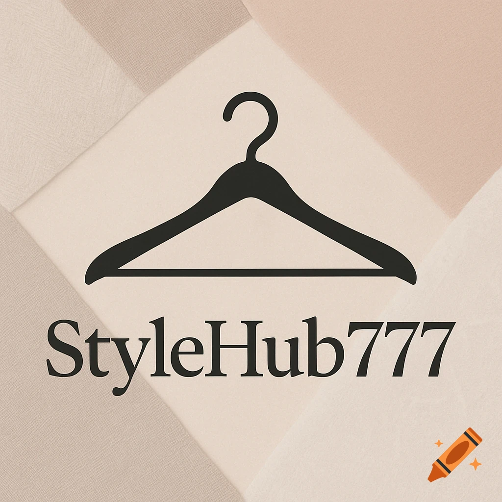Black coat hanger icon above the text 'StyleHub777' on a geometric beige background.