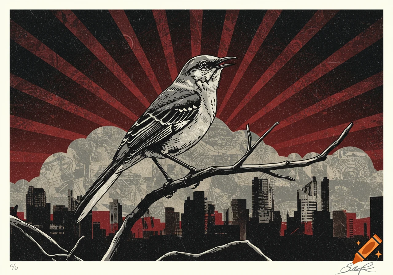 An illustration of a mockingbird perched on a branch above a stylized dark cityscape with a red and black sunburst background.
