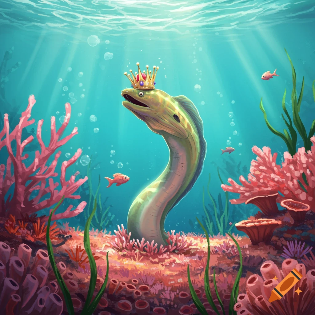 An illustration of a green garden eel wearing a golden crown, swimming among pink coral in clear blue water with light rays filtering down.