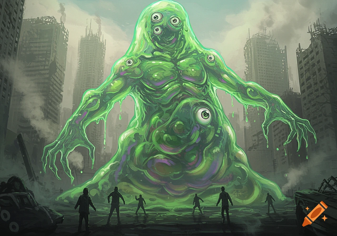 A giant green goo monster with multiple eyes towers over several small human figures in a ruined city at dusk.