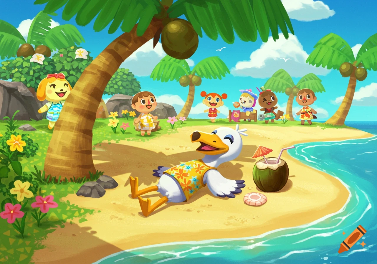 Gulliver the seagull relaxes on a sunny tropical beach with other Animal Crossing villagers, enjoying drinks under palm trees.