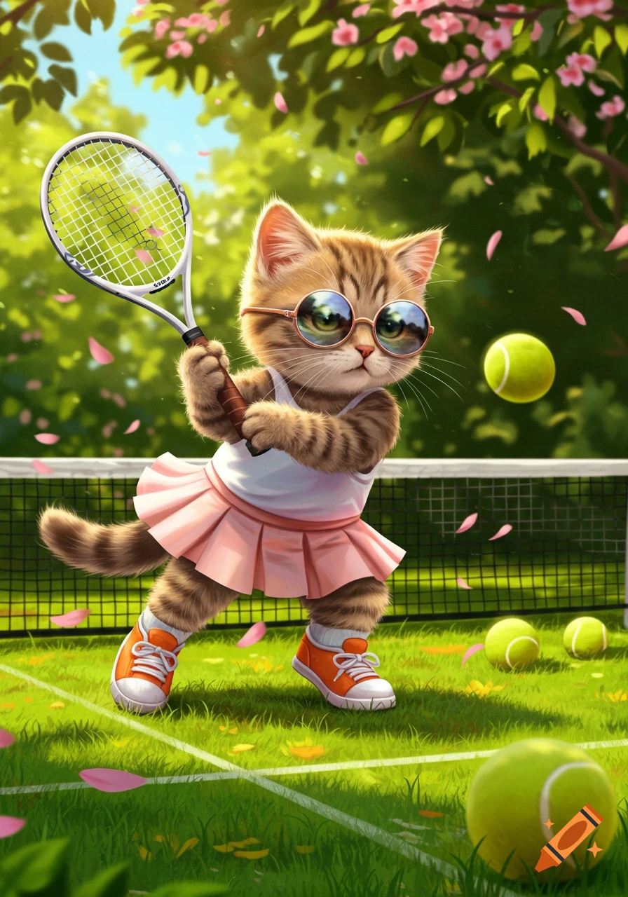 A cute cartoon kitten wearing sunglasses, a pink skirt, and orange shoes plays tennis on a green court.