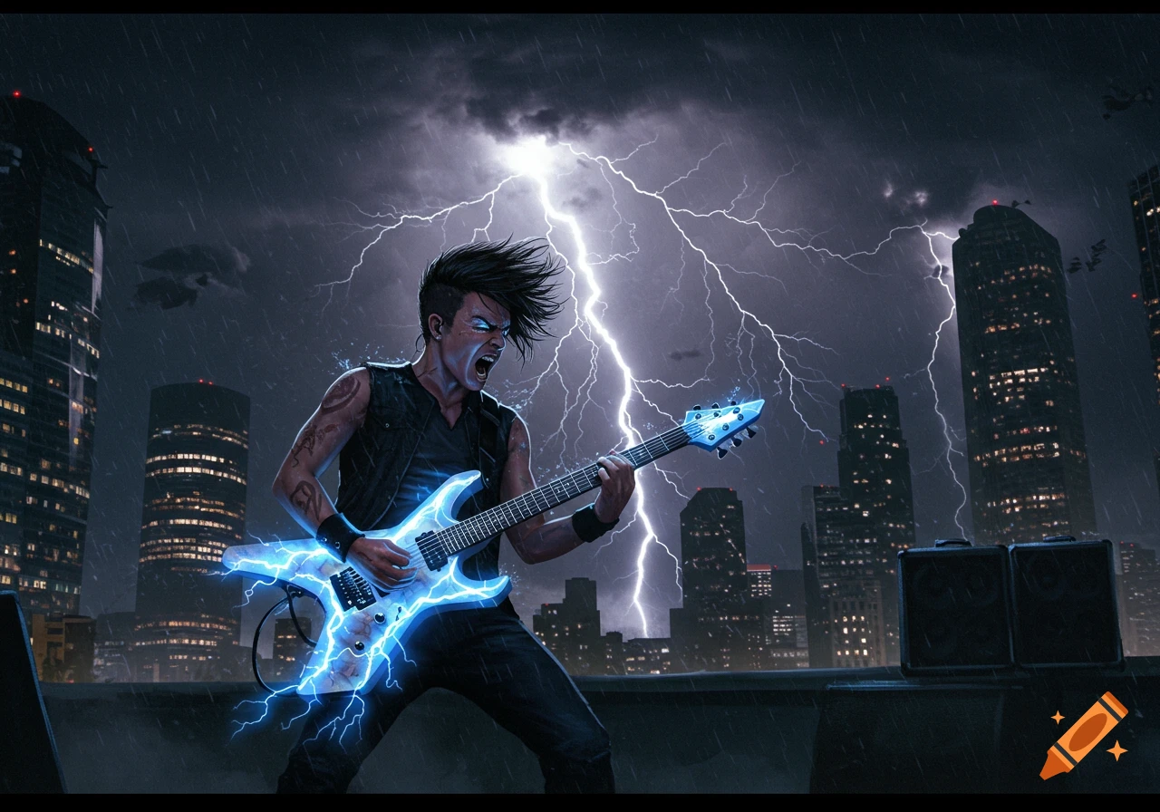 A male guitarist intensely plays a blue lightning electric guitar on a city rooftop during a dark, stormy night with prominent lightning.
