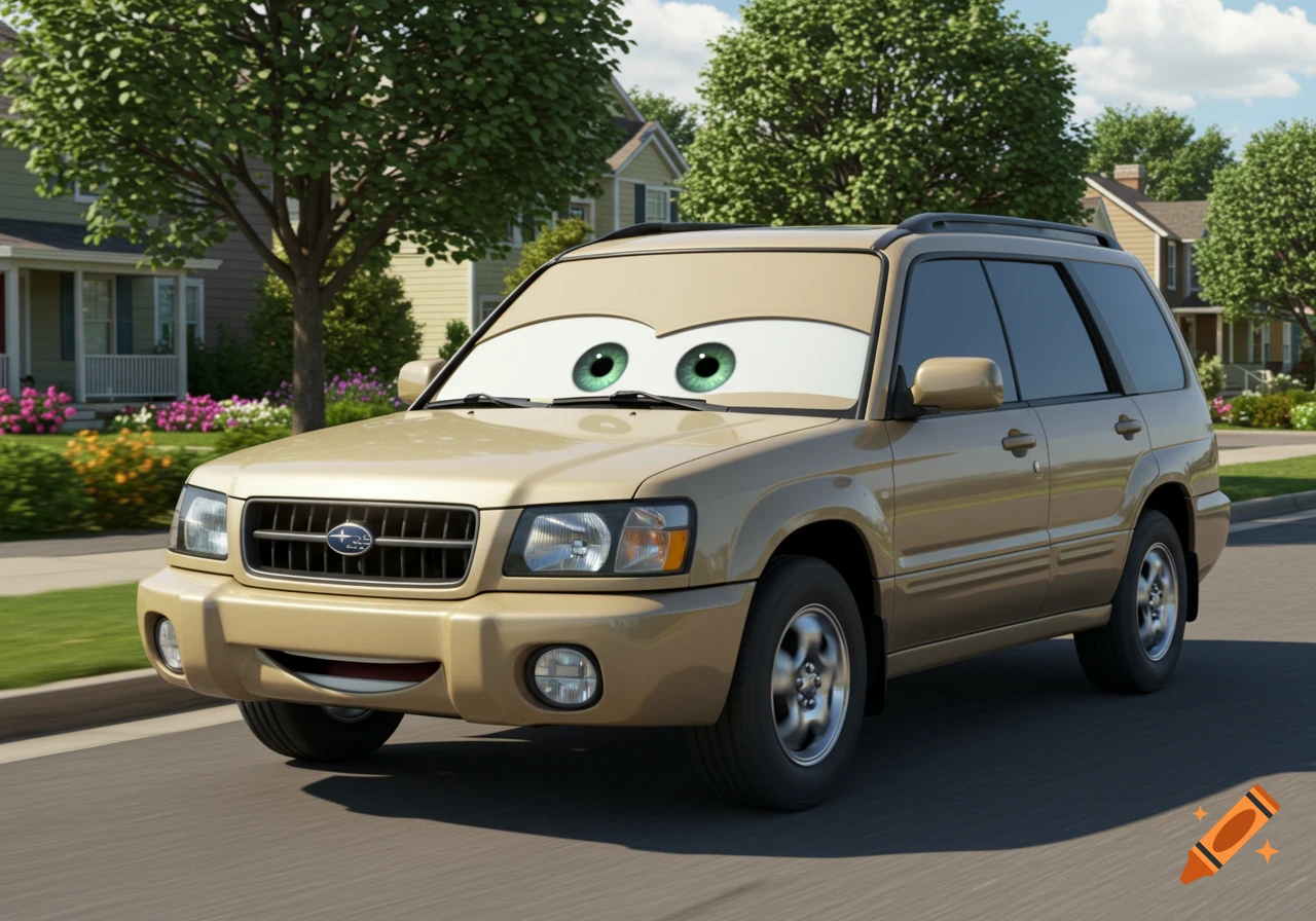 A beige Subaru Forester with cartoon eyes and a smiling mouth, driving on a suburban street in the style of Pixar's Cars.