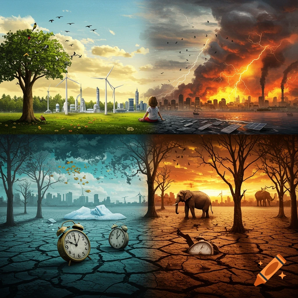 A split-panel image contrasting a healthy environment with a polluted, dried landscape, featuring a child, alarm clocks, and elephants.