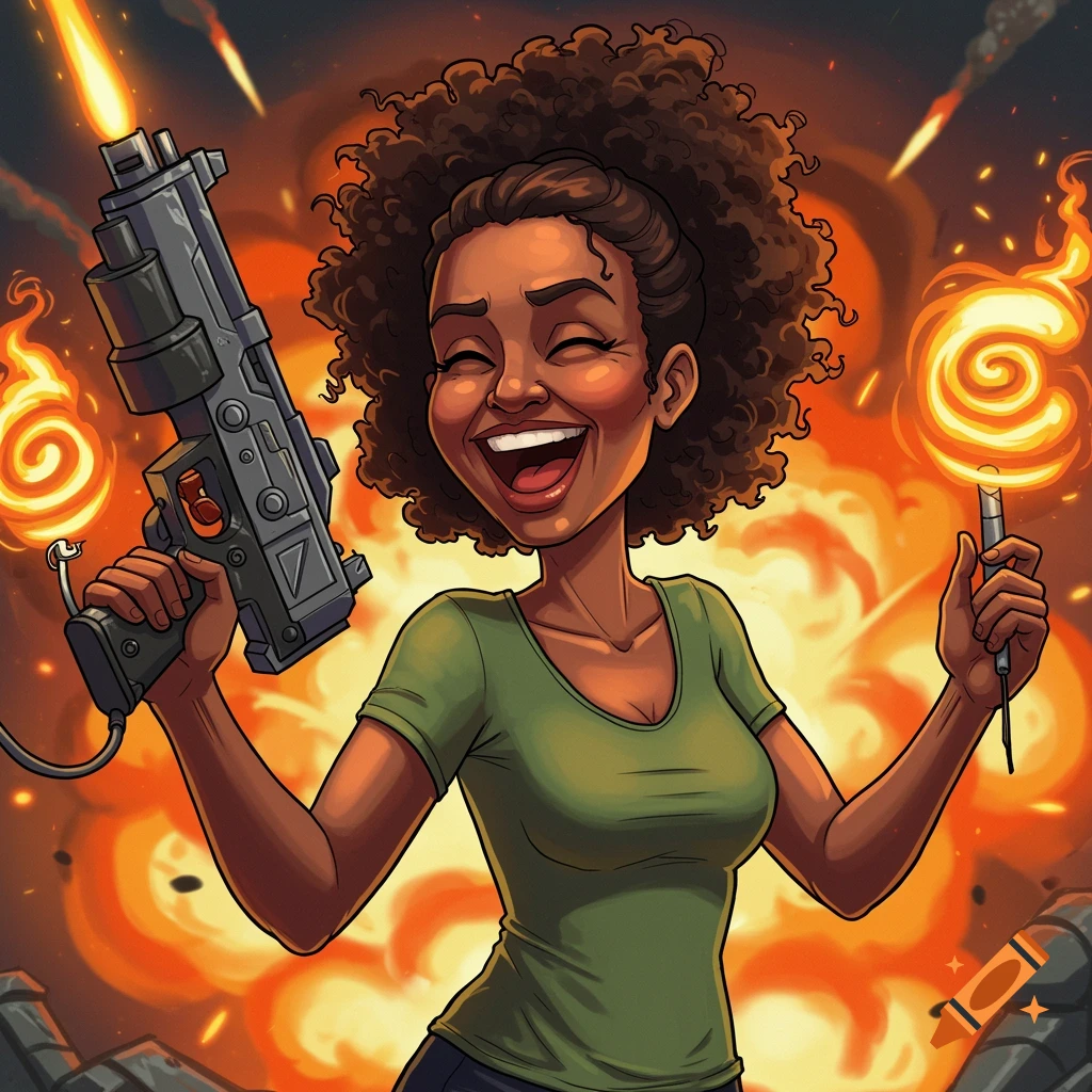 Cartoon woman with curly hair laughing, holding a gun and fire, against an explosion backdrop.
