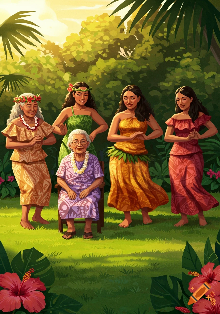 Five illustrated Samoan women, one elderly and seated, four younger standing and posing in traditional attire in a tropical garden.