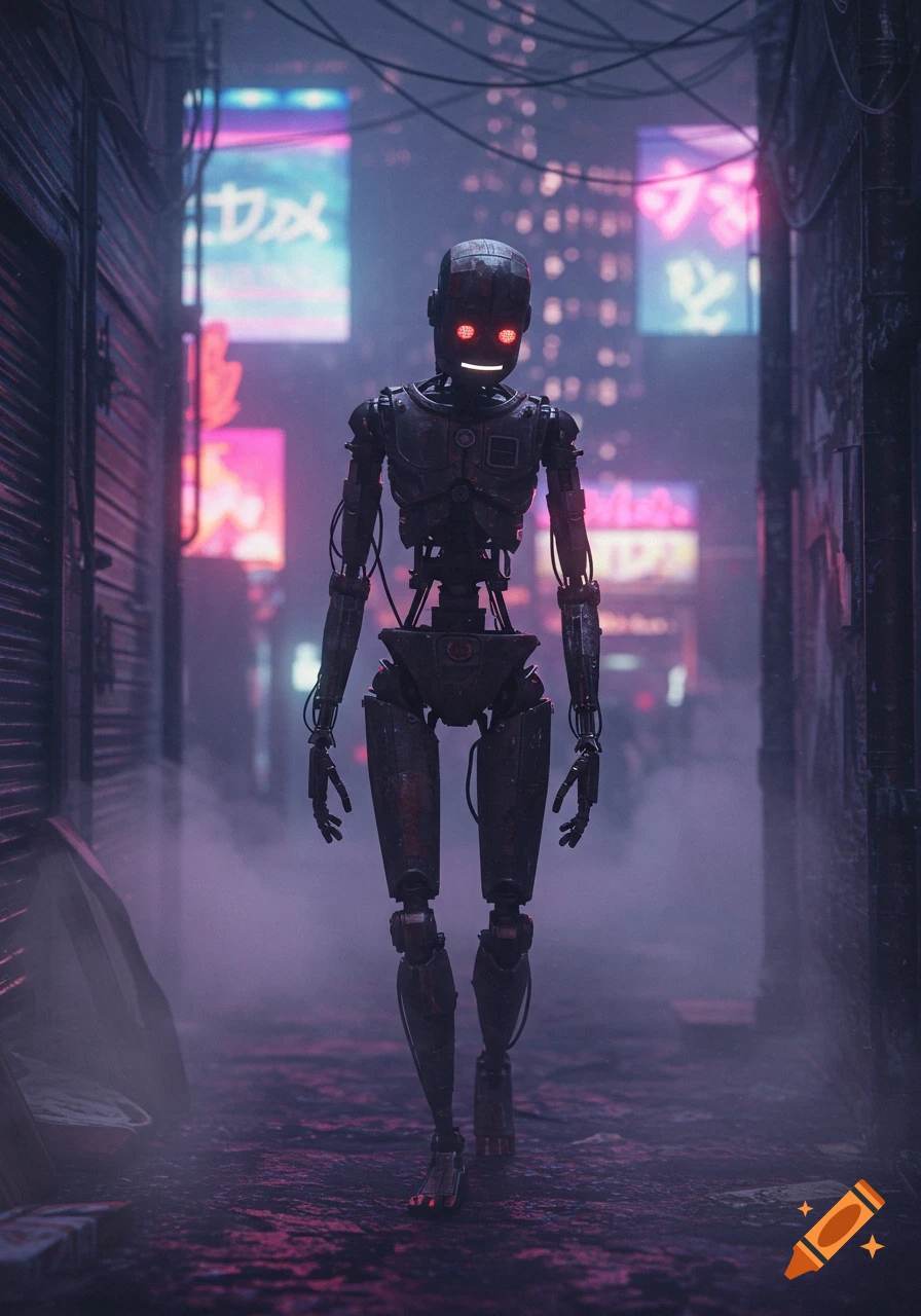 A rusty robot with glowing red eyes and a white smile line walks through a foggy, neon-lit cyberpunk alley at night.