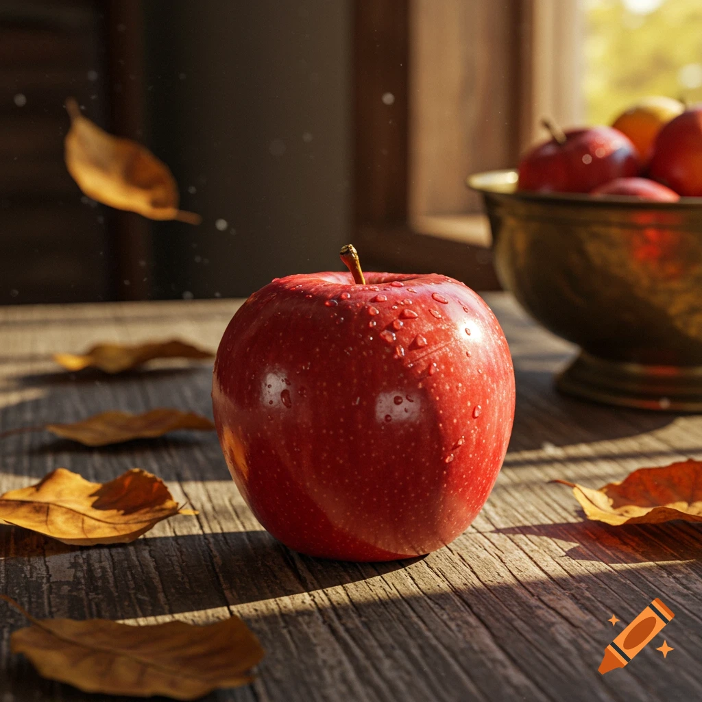 A vibrant red apple with water droplets sits on a sunlit wooden table surrounded by autumn leaves, a bowl of apples blurred in the background.