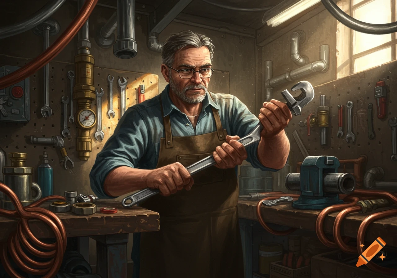 A grizzled man in an apron holds two wrenches in a cluttered workshop filled with pipes and tools.
